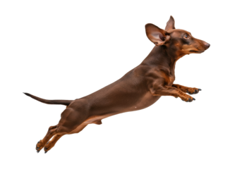 Isolated dachshund running forward outdoors on a sunny day with brown shiny fur coat