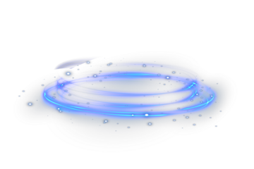 Bright glowing blue neon ring with sparkling swirl trail and luminous dots. Futuristic round frame for sci-fi, laser, and energy concept vector illustrations.
