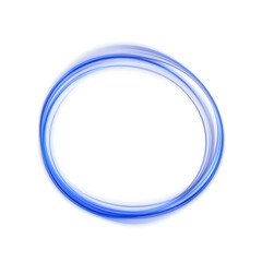 Bright glowing blue neon ring with sparkling swirl trail and luminous dots. Futuristic round frame for sci-fi, laser, and energy concept vector illustrations.