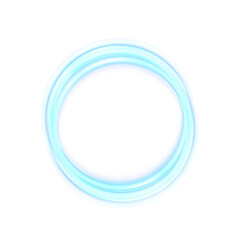 Bright glowing blue neon ring with sparkling swirl trail and luminous dots. Futuristic round frame for sci-fi, laser, and energy concept vector illustrations.