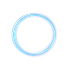 Bright glowing blue neon ring with sparkling swirl trail and luminous dots. Futuristic round frame for sci-fi, laser, and energy concept vector illustrations.