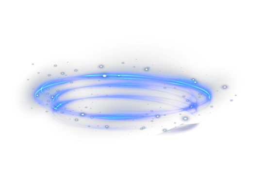 Glowing neon blue circular portal frame with spark effect. Abstract futuristic light ring with LED illumination for vector design and technology backgrounds.