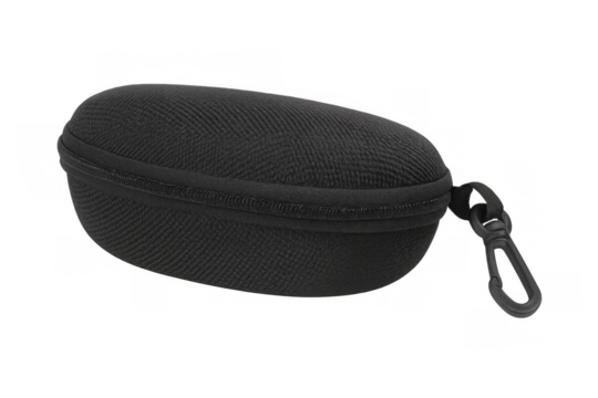 Black hard shell eyeglass case with zipper and clip