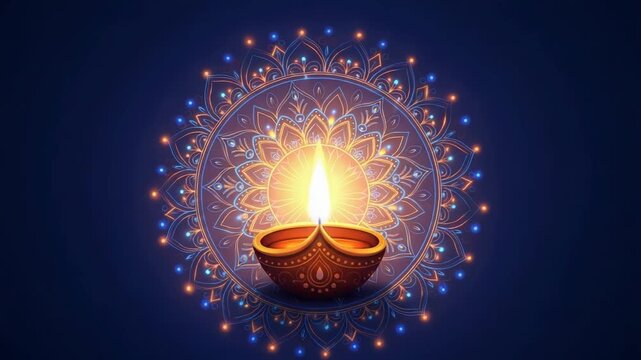 Diwali diya lamp with intricate mandala pattern on dark blue background