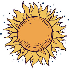 Stylized illustration of a radiant sun with a bright orange core and yellow fiery rays set against a white background with scattered blue and purple dots suggesting stars or cosmic dust.