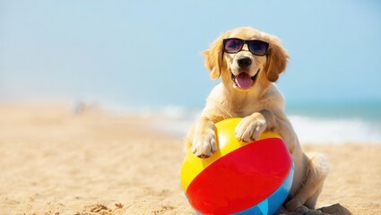 Obraz premium Playful Golden Retriever Puppy Sporting Sunglasses Enjoys Sunny Beach Day