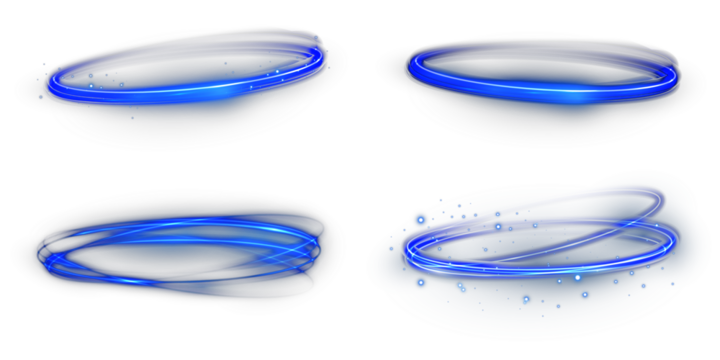 Blue neon glowing ring with light swirl and shiny sparkle effect. Futuristic circular frame for technology, laser, LED, or sci-fi banner designs with brilliant luminous illumination.