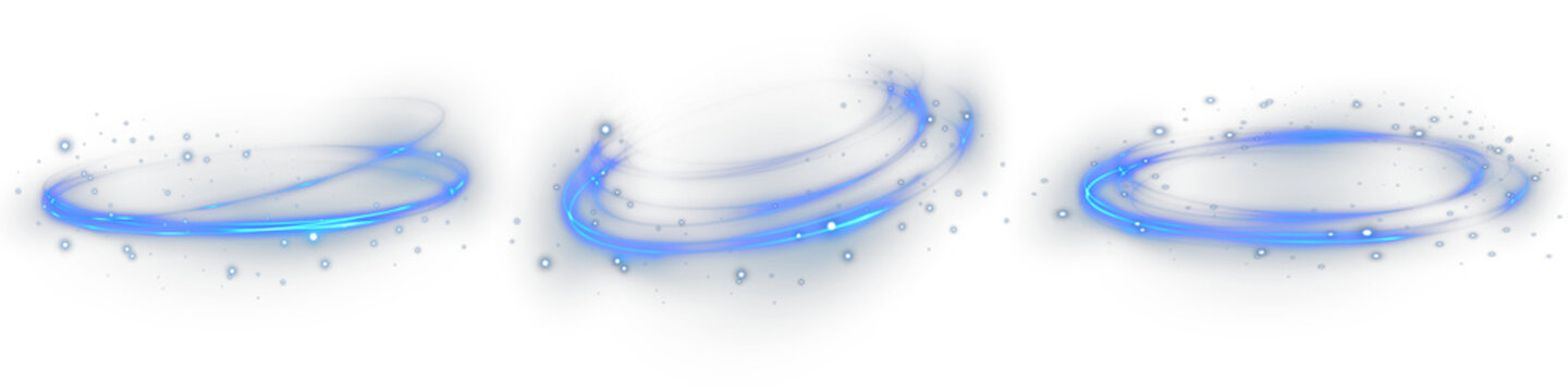 Glowing blue neon circle frame with magic spark and bright LED light effect. Futuristic laser swirl ring design for modern technology banners, vector illustrations, and disco background concepts.