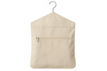 Beige travel security pouch hanging on transparent background