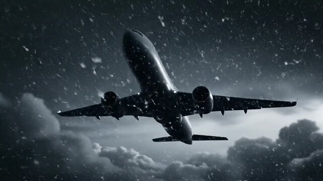 Dark Passenger Plane Ascending Through Blustery Snowstorm