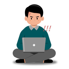 Angry man at desk, frustrated with laptop. Suitable for illustrating stress, technology problems, work dissatisfaction in design projects, presentations.