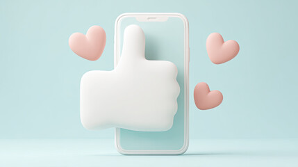 Like symbol popping out of smartphone with floating hearts