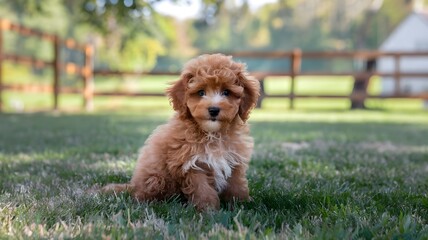 Adorable Puppy in a Grassy Yard: A cute, fluffy puppy sits in a lush green yard, with a fence and trees, enjoying the warmth of the day. A perfect capture of playful nature