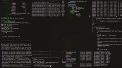 Failed scrolling of the terminal code. Hacker interface with data flow and system logs. - Powered by Adobe