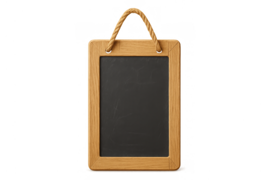 Blank chalkboard with wooden frame and rope hanging