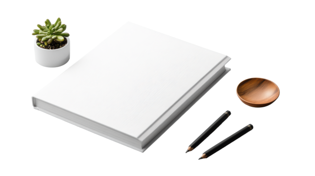 White Book with Office Supplies on Transparent Background