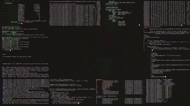 Failed scrolling of the terminal code. Hacker interface with data flow and system logs.