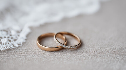 Two elegant gold wedding rings with diamonds on fabric near lace