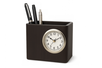 Pen holder organizer with clock and office supplies