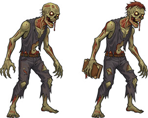 PrintCartoon zombies in torn clothes, creepy undead monsters with rotting skin and scary faces, one holding a book,
