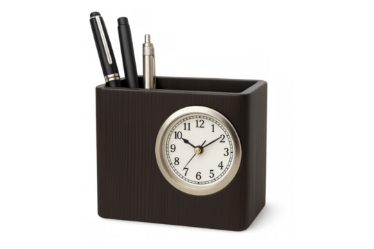 Pen holder organizer with clock and office supplies