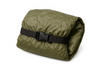 Rolled army green sleeping bag for camping outdoors