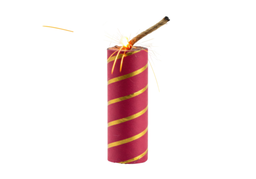 Isolated firecracker burning with sparks from the fuse, celebratory item on New Year's Eve
