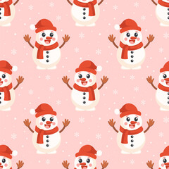 Cute Snowman Winter Holiday Seamless Pattern. Background for New Year's and Christmas holidays.