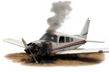 Small airplane experiencing crash landing with engine fire