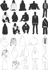 Vector art of silhouettes of people sitting and standing in various poses, , showcasing diverse body language and casual attire in a simple design silhouette © Meraj Hossain