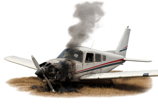 Fototapeta Small airplane experiencing crash landing with engine fire