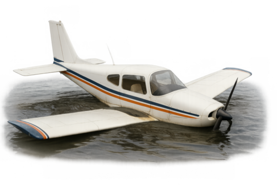 Small airplane submerged in water after crash accident
