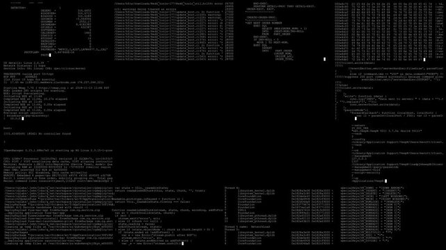 The terminal screen is filled with lines of code, errors, and system commands. System overload.