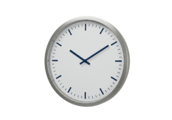Isolated round clock with blue hands indicating 10 08 AM, time management concept, design