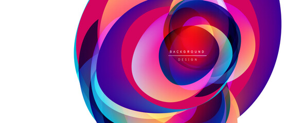Abstract vibrant layers create circular design. Pink, purple, blue hues blend, forming dynamic visual effect. Text reads background design.