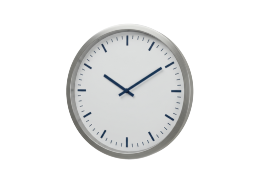 Isolated round clock with blue hands indicating 10 08 AM, time management concept, design
