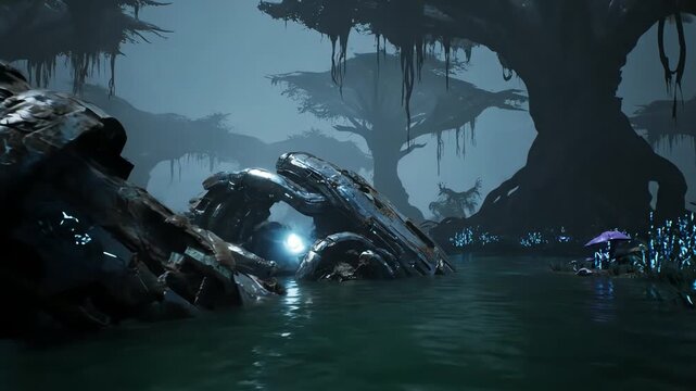 Ancient Robotic Behemoth Lies Dormant in a Mysterious Alien Swamp.