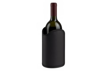 Wine bottle in black cooler sleeve, transparent background