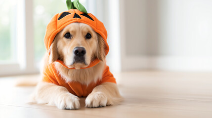 Golden retriever dog wearing a pumpkin costume for Halloween