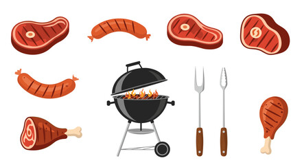 Collection of delicious grilled meats and barbecue elements for outdoor cooking.