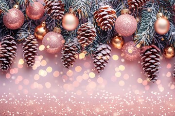Festive holiday background featuring pine cones, pink baubles, evergreen branches, and bokeh lights