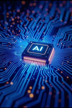 AI in cybersecurity, digital guardian represented, AI microchip with glowing neural networks, electronic circuit board with ai processor