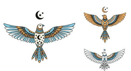 Obraz premium Mystical birds adorned with celestial moon and star patterns ascend towards the night sky.