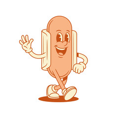 Happy hot dog cartoon character greeting hi contoured vector flat illustration. Smiling cheerful fast food with sausage and bread mascot walking hello waving hand with positive emotion