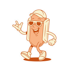 Cool funky hot dog cartoon character rock gesture contoured vector flat illustration. Happy cheerful fast food with sausage and bread mascot wearing cap and summer sunglasses hipster teenager party