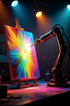 Artificial intelligence in art creation, AI-powered robotic arm painting a digital canvas surrounded by vivid holographic colors