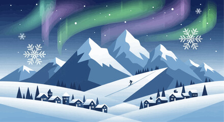 Modern Winter Nature Landscape Vector – Minimalist Alpine Village with Snowflakes and Northern Lights
