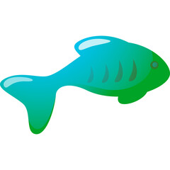 Stylized blue green fish silhouette with transparent background and detailed fins and scales isolated on white studio background