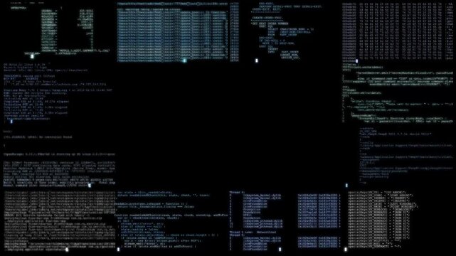 Background of the developer's workstation. An animated terminal with real code snippets, stack traces, and debugging lines.