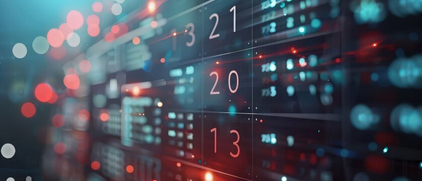 High-tech digital calendar interface featuring glowing numbers and data overlays, symbolizing future scheduling, planning, or time management systems.